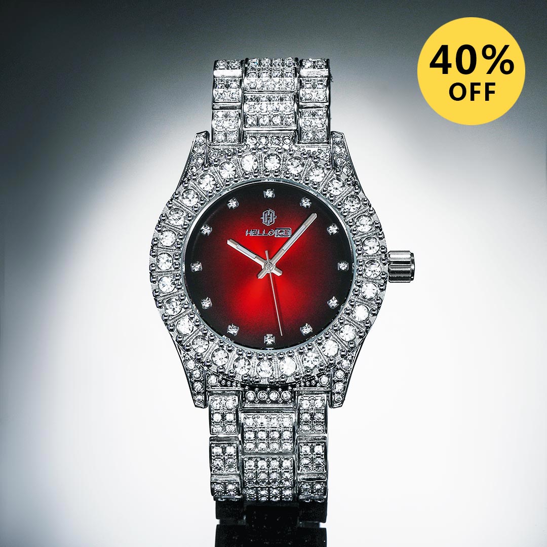 Iced Fashion Red Dial Men's Watch in White Gold