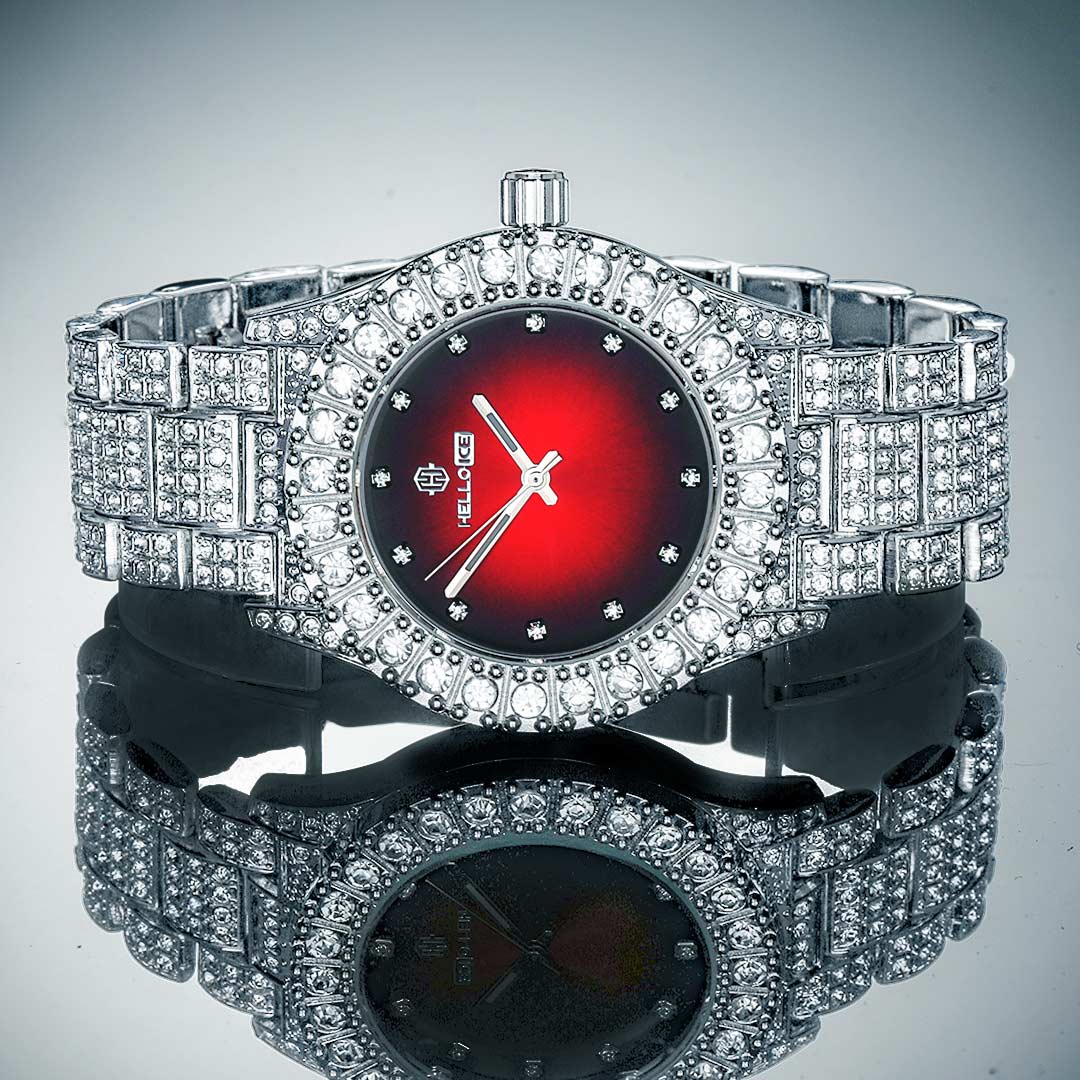 Iced Fashion Red Dial Men's Watch in White Gold