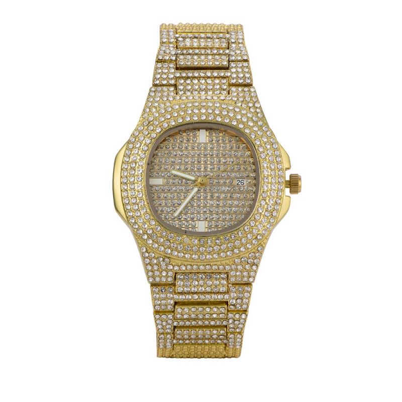 Pave Iced Rounded Square Fashion Men's Watch in Gold