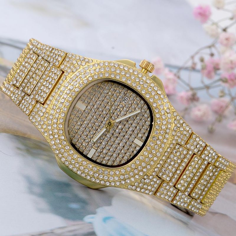 Pave Iced Rounded Square Fashion Men's Watch in Gold