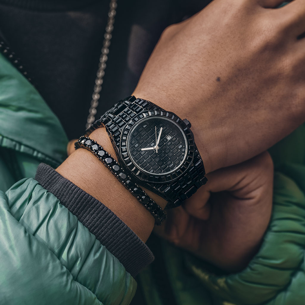 39mm Full Black Iced  Black Dial Stainless Steel Watch