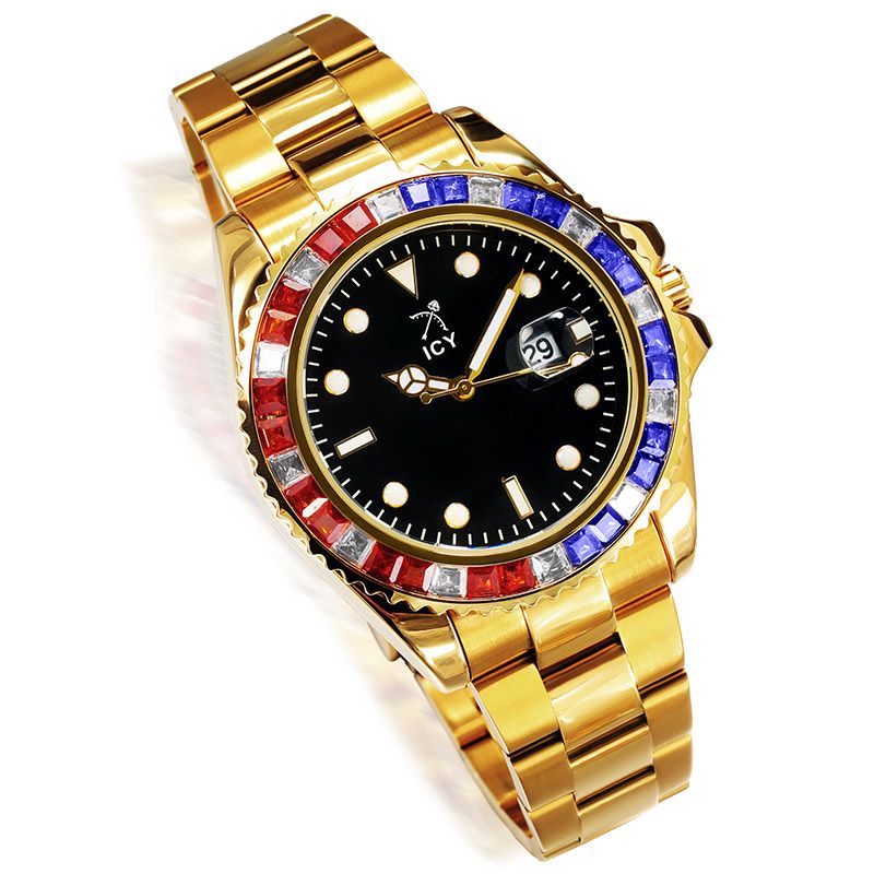 40mm Iced Black Luminous Dial Watch In Gold