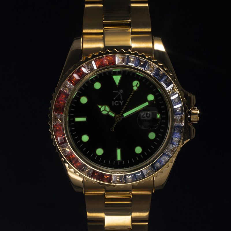 40mm Iced Black Luminous Dial Watch In Gold