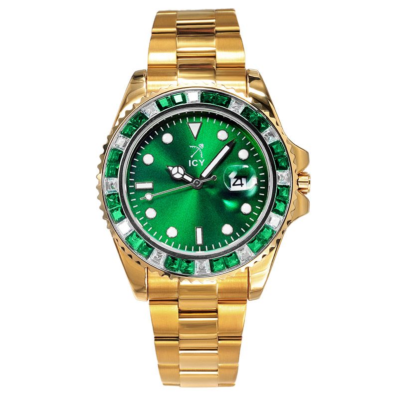 40mm Two Tone Iced Green Luminous Dial Watch in Gold