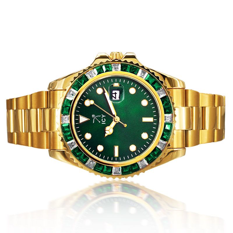 40mm Two Tone Iced Green Luminous Dial Watch in Gold