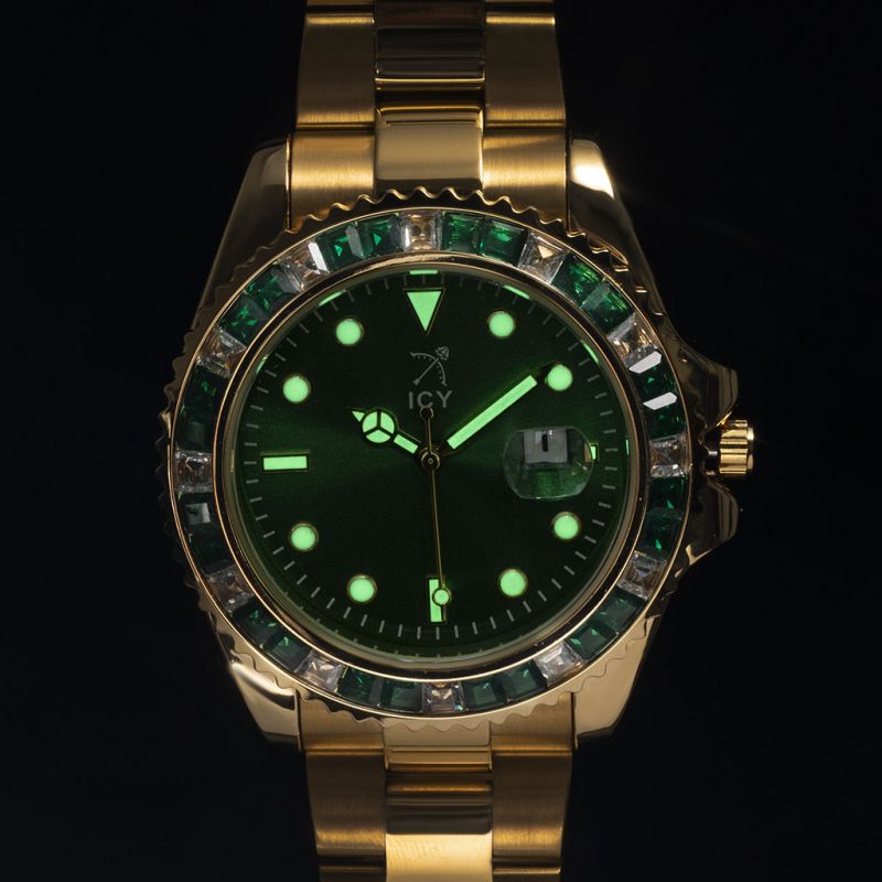 40mm Two Tone Iced Green Luminous Dial Watch in Gold