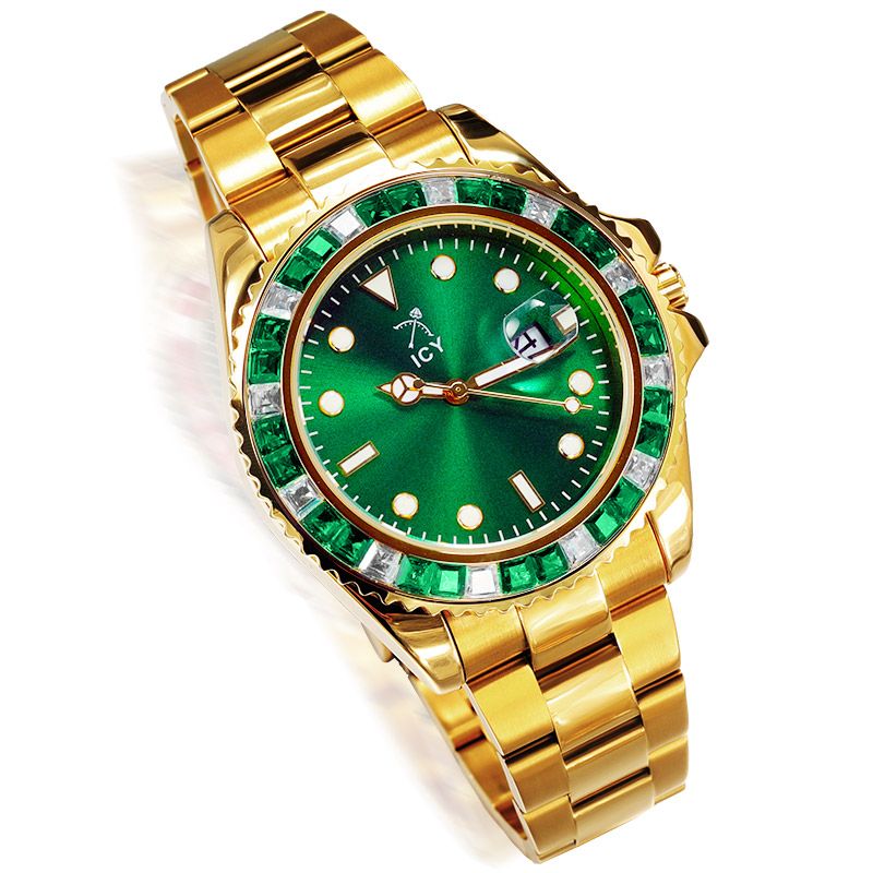 40mm Two Tone Iced Green Luminous Dial Watch in Gold