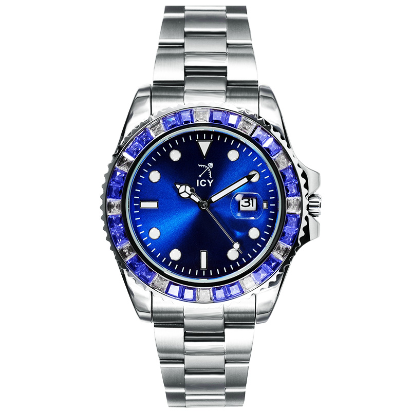 40mm Two Tone Iced Blue Dial Watch In White Gold