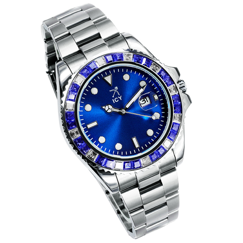 40mm Two Tone Iced Blue Dial Watch In White Gold
