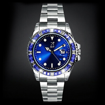 40mm Two Tone Iced Blue Dial Watch In White Gold