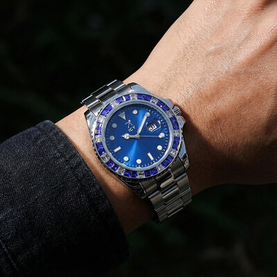 40mm Two Tone Iced Blue Dial Watch In White Gold