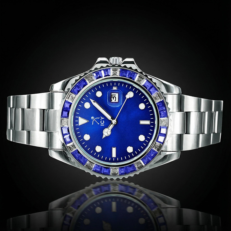40mm Two Tone Iced Blue Dial Watch In White Gold 40mm Two Tone Iced Blue Dial Watch In White Gold