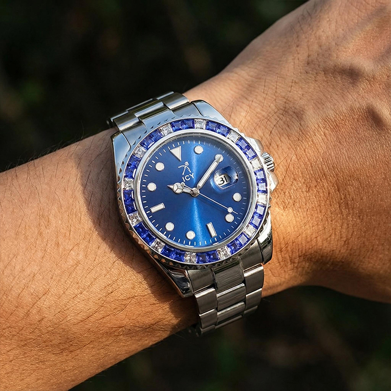 40mm Two Tone Iced Blue Dial Watch In White Gold 40mm Two Tone Iced Blue Dial Watch In White Gold