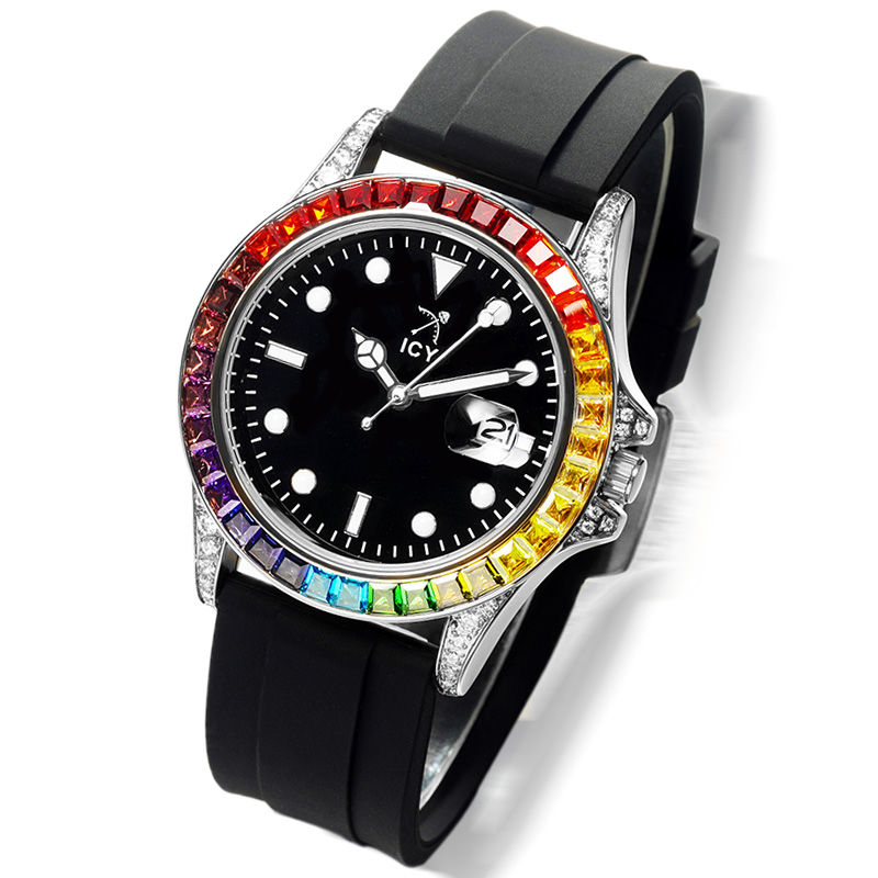 Rainbow White Gold Watch with Black Luminous Dial