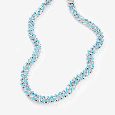 Iced 11mm Women White Stones & Blue Enamel Cuban Chain Necklace in White Gold