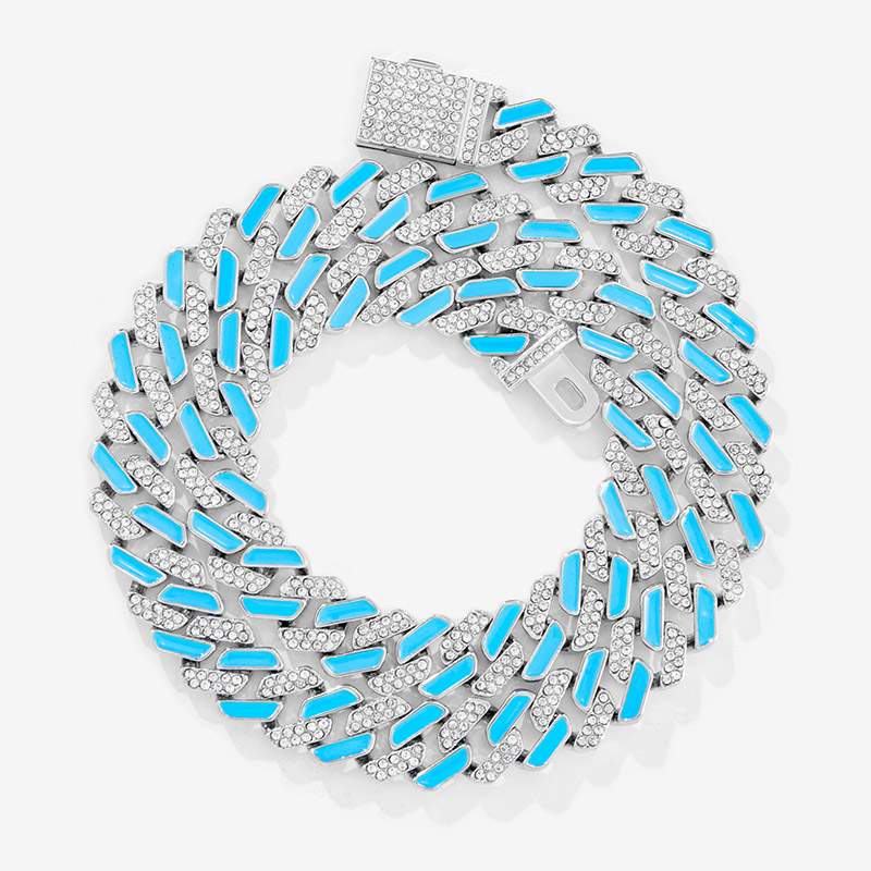 Iced 11mm Women White Stones & Blue Enamel Cuban Chain Necklace in White Gold