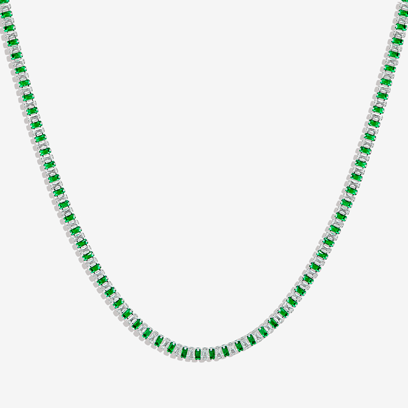 Iced Baguette Cut White & Green Stones Tennis Chain Necklace in White Gold