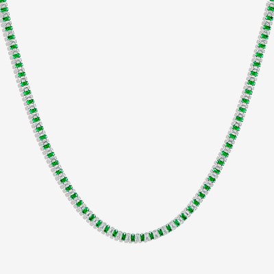 Iced Baguette Cut White & Green Stones Tennis Chain Necklace in White Gold