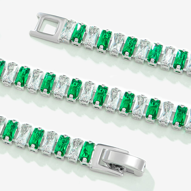 Iced Baguette Cut White & Green Stones Tennis Chain Necklace in White Gold