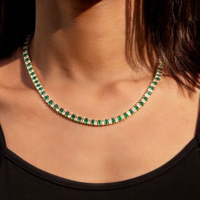 Iced Baguette Cut White & Green Stones Tennis Chain Necklace in Gold