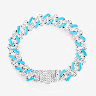 Iced 11mm White Stones & Blue Enamel Cuban Chain Bracelet in White Gold