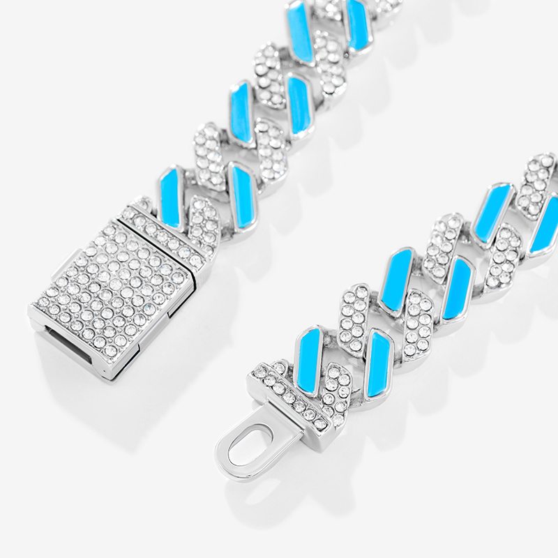 Iced 11mm White Stones & Blue Enamel Cuban Chain Bracelet in White Gold