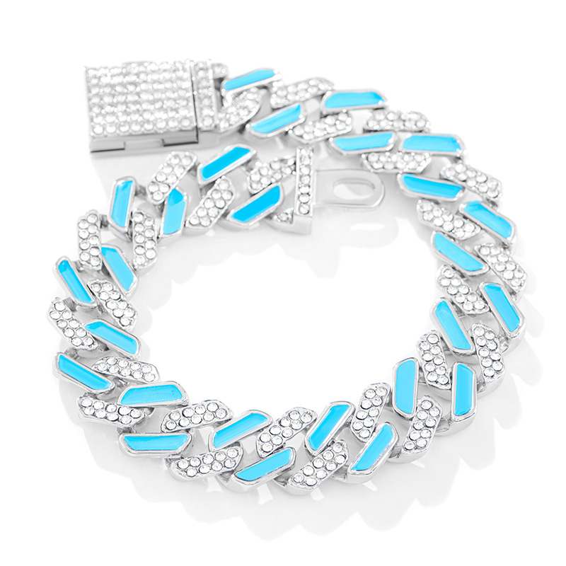 Iced 11mm White Stones & Blue Enamel Cuban Chain Bracelet in White Gold