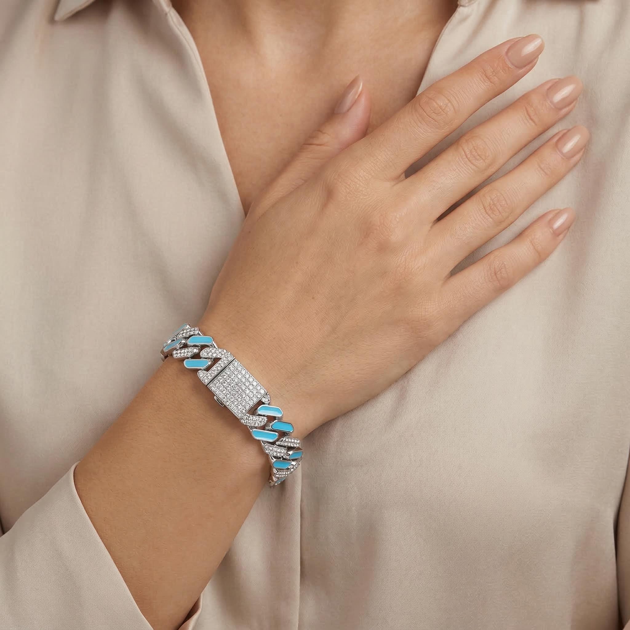 Iced 11mm White Stones & Blue Enamel Cuban Chain Bracelet in White Gold