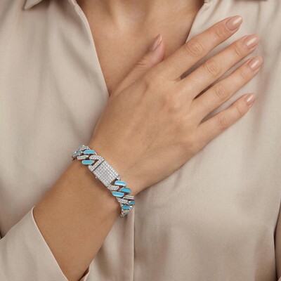 Iced 11mm White Stones & Blue Enamel Cuban Chain Bracelet in White Gold
