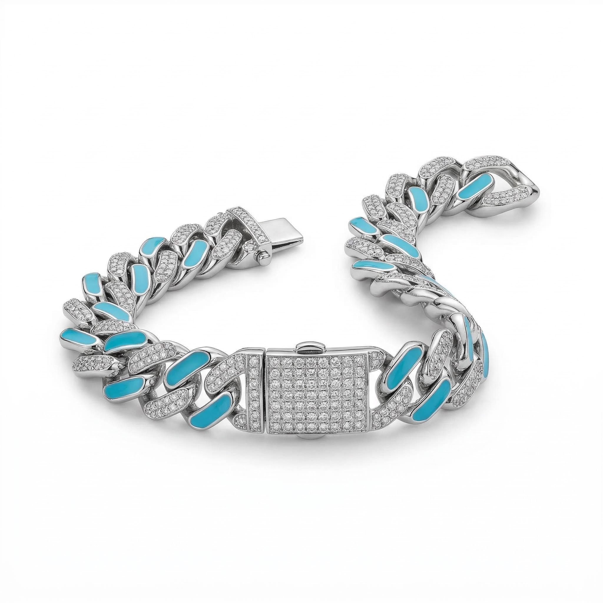 Iced 11mm White Stones & Blue Enamel Cuban Chain Bracelet in White Gold