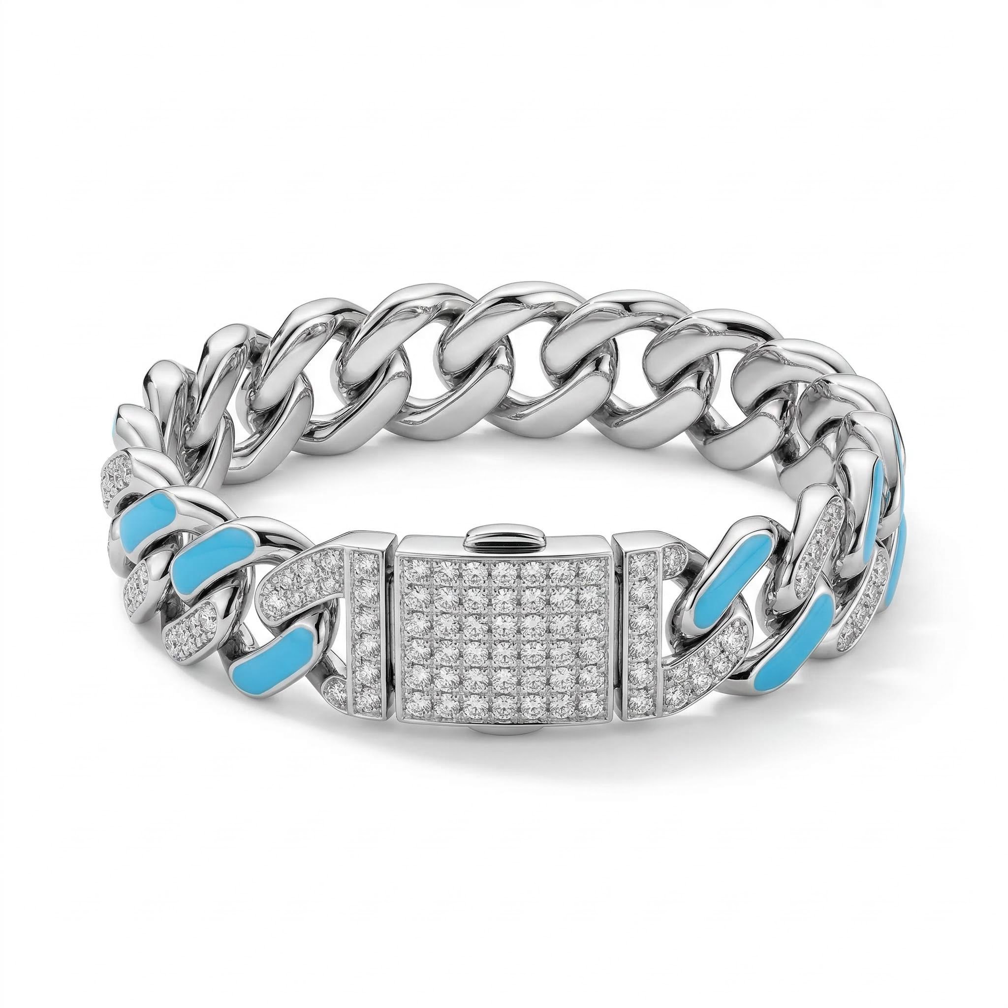 Iced 11mm White Stones & Blue Enamel Cuban Chain Bracelet in White Gold