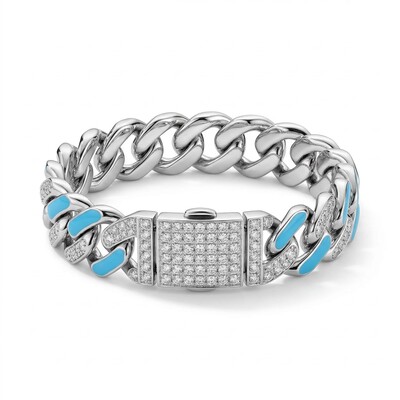 Iced 11mm White Stones & Blue Enamel Cuban Chain Bracelet in White Gold
