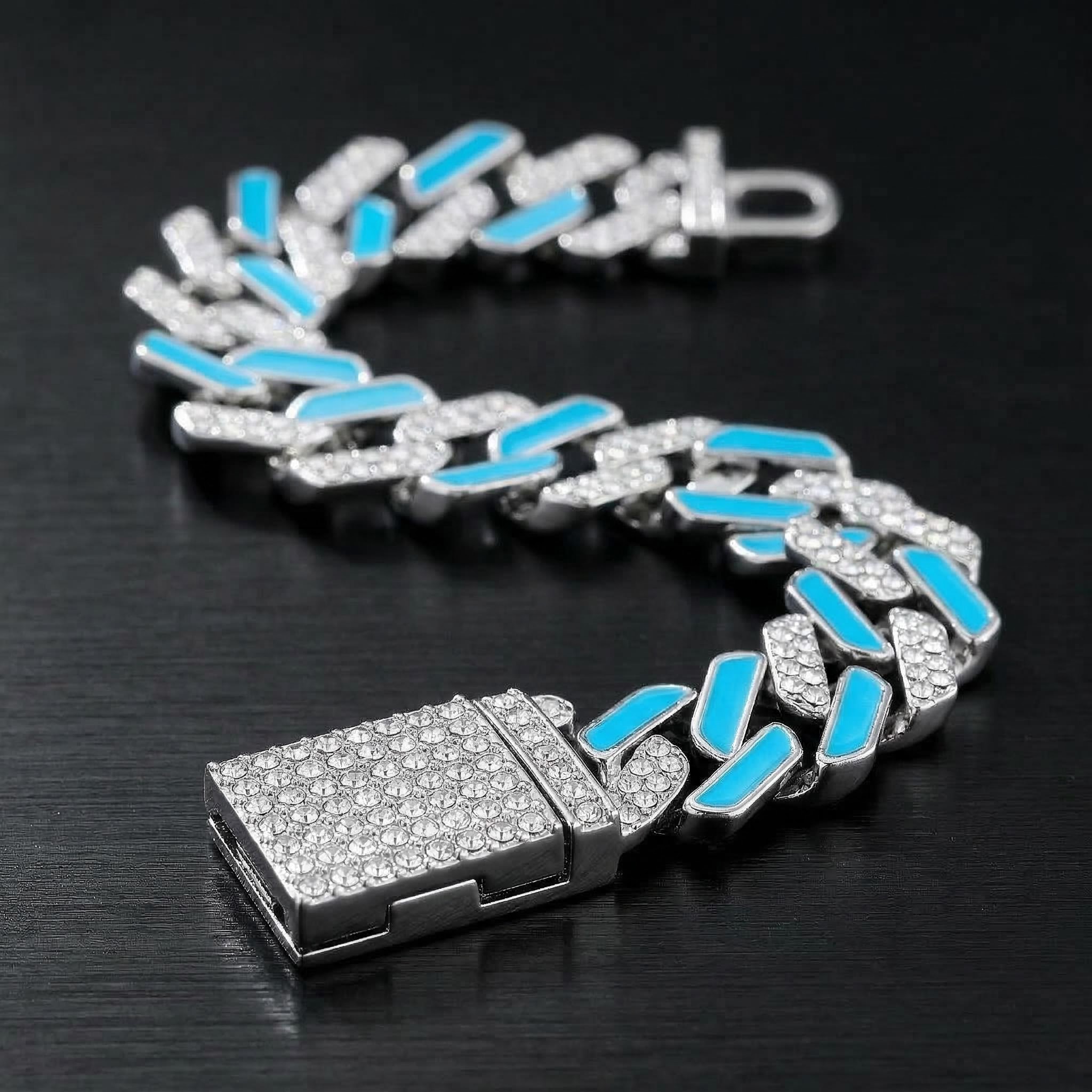 Iced 11mm White Stones & Blue Enamel Cuban Chain Bracelet in White Gold