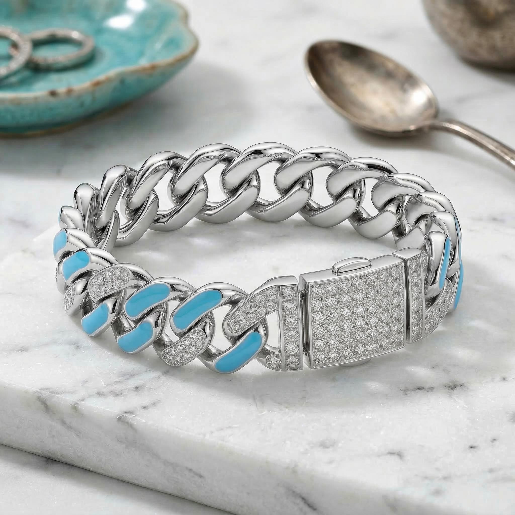 Iced 11mm White Stones & Blue Enamel Cuban Chain Bracelet in White Gold