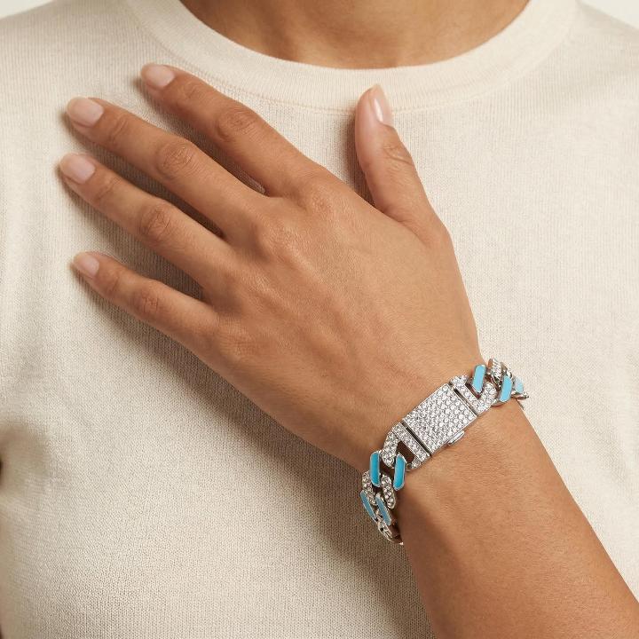 Iced 11mm White Stones & Blue Enamel Cuban Chain Bracelet in White Gold