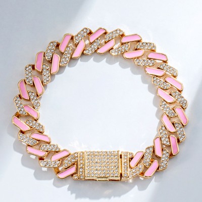 Iced 11mm White Stones & Pink Enamel Cuban Chain Bracelet in Gold