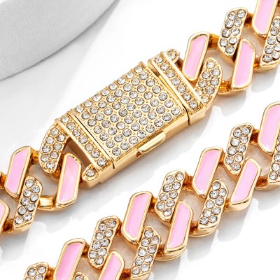 Iced 11mm White Stones & Pink Enamel Cuban Chain Bracelet in Gold