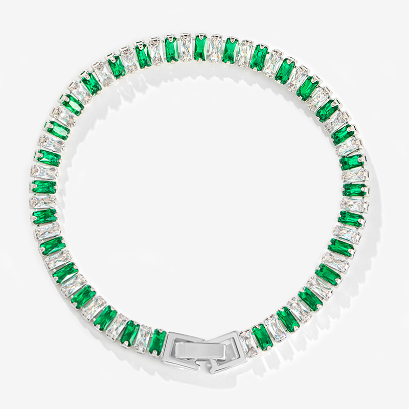 Iced Baguette Cut White & Green Stones Tennis Chain Bracelet in White Gold