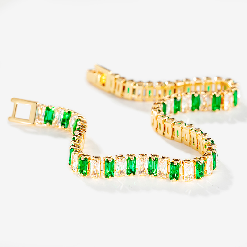 Iced Baguette Cut White & Green Stones Tennis Chain Bracelet in Gold