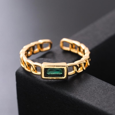 Square Emerald Green Chain Design Open Ring