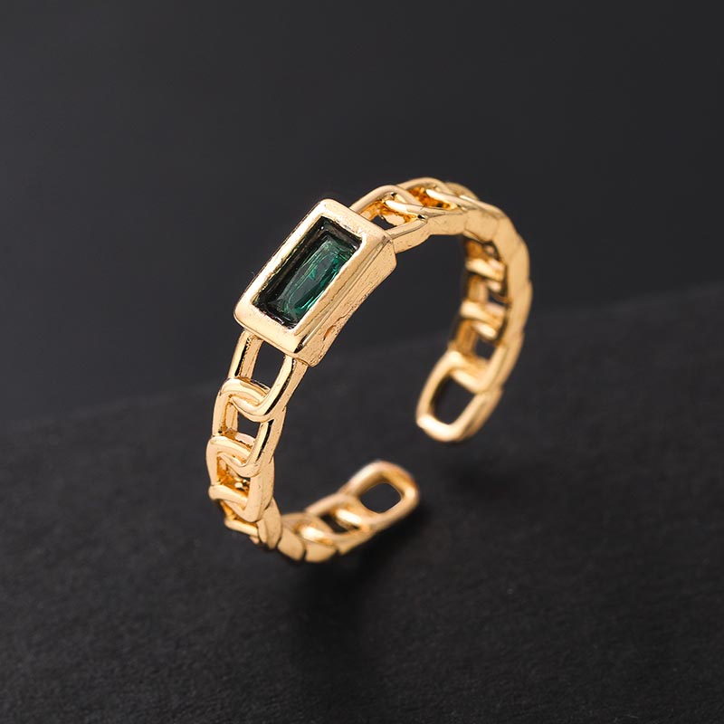 Square Emerald Green Chain Design Open Ring