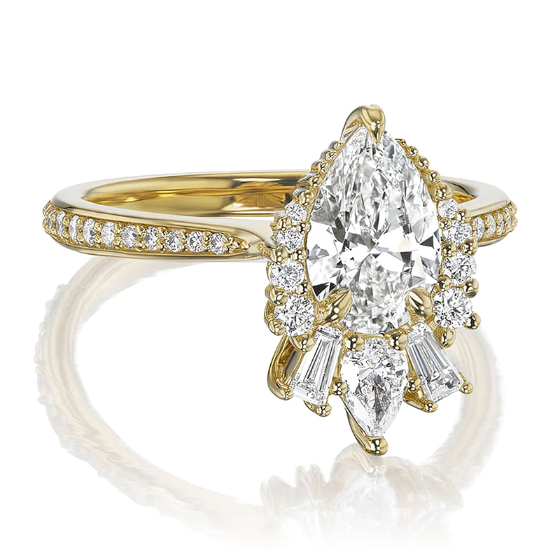 Pear Cut with Baguette Halo Engagement Ring