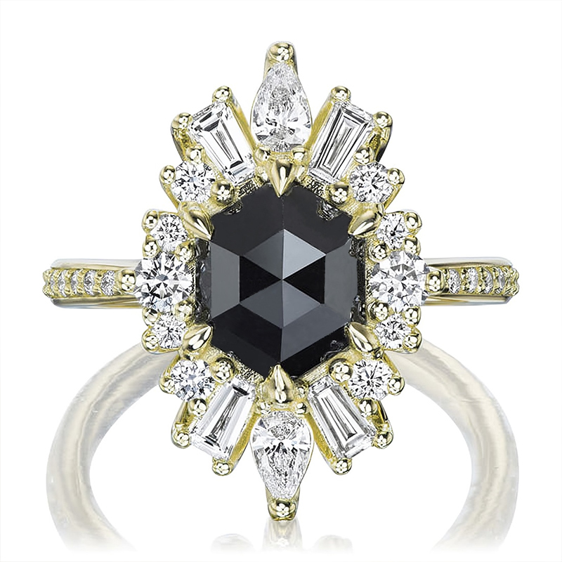 One-of-Kind Black Rose Cut Hexagon Cut Halo Engagement Ring