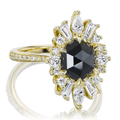 One-of-Kind Black Rose Cut Hexagon Cut Halo Engagement Ring