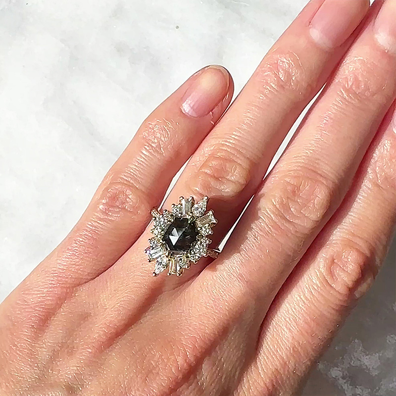 One-of-Kind Black Rose Cut Hexagon Cut Halo Engagement Ring