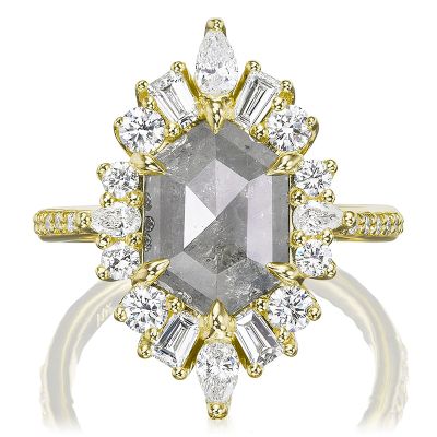 One-of-Kind Grey Rose Cut Hexagon Diamond Halo Engagement Ring