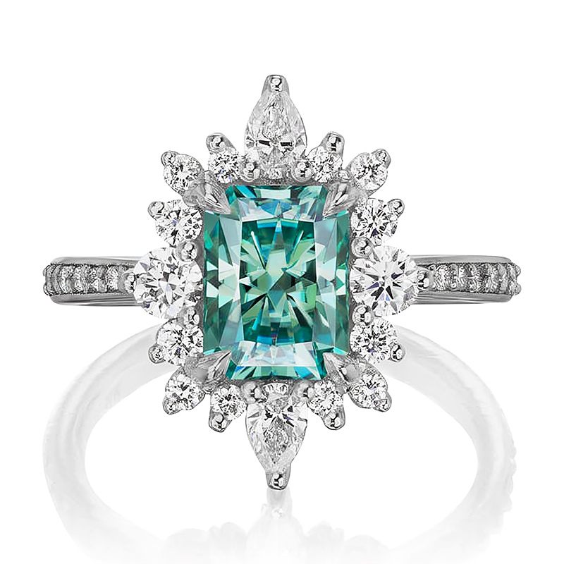 Radiant Cut Aqua-Teal Halo Engagement Ring