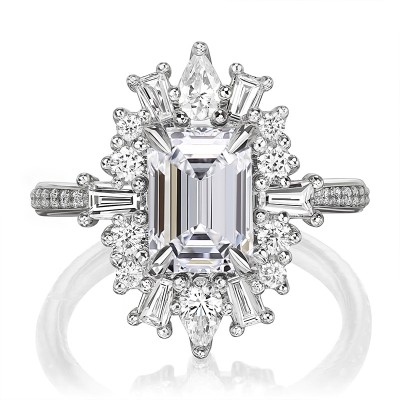 3.2CT Emerald & Round Cut VVS Moissante S925 Silver Engagement Ring