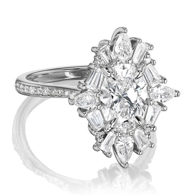 Unique Oval Cut Halo Baugette Engagement Ring