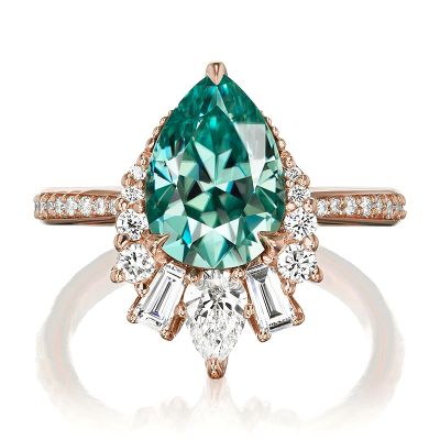 Unique Pear Cut Aqua-Teal Halo Engagement Ring